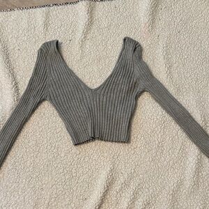 Gray Ribbed V-Neck Women's Top